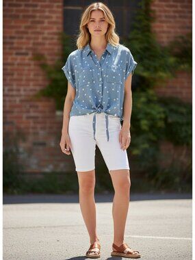 Autumn & Skye Star Print Button-Down Tie-Front Blue Shirt Womens XL Lyocell NWT